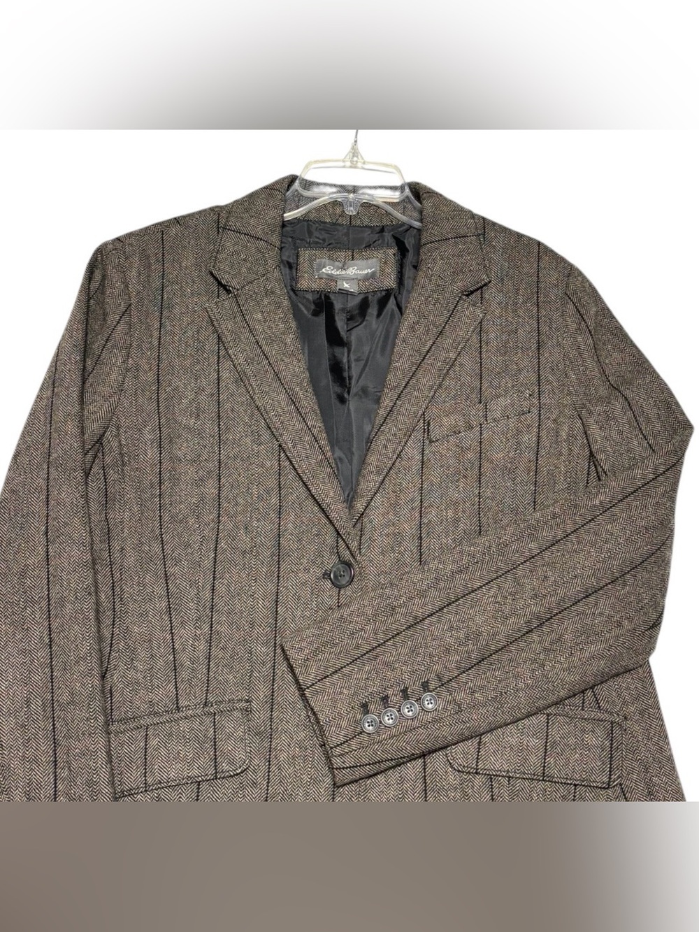 Eddie Bauer Blazer Women 18 Brown Herringbone Wool Blend Pinstripe Jacket